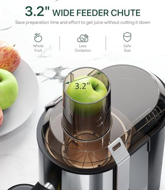 Centrifugal Juicer Machine 800W High-Yield with 3.2" Wide Feed Chute for Whole Fruit & Veggie Processing Stainless Steel Non-BPA Quick & Simple Easy to Clean Silver
