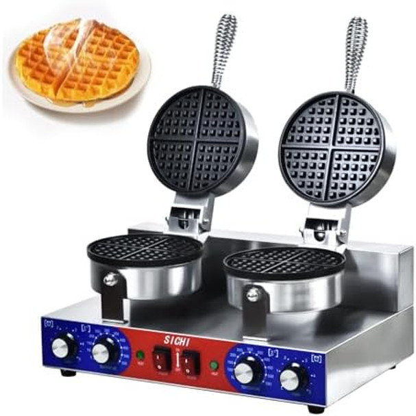 HTTSICHI Waffle Maker - Commercial Waffle Iron w/Two Non-stick Baking Pans 550 ℉ Temperature and Timers 2400W Dual Waffle Maker for Double Baking Stainless Steel Waffle Machine for Restaurant