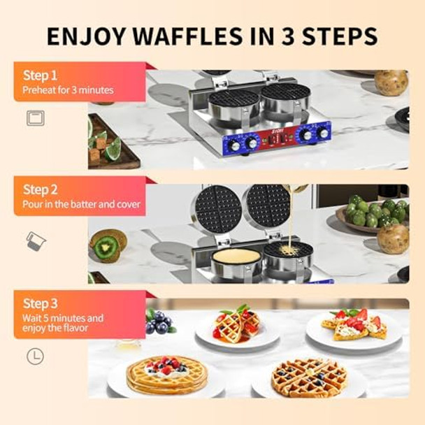 HTTSICHI Waffle Maker - Commercial Waffle Iron w/Two Non-stick Baking Pans 550 ℉ Temperature and Timers 2400W Dual Waffle Maker for Double Baking Stainless Steel Waffle Machine for Restaurant