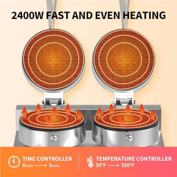 HTTSICHI Waffle Maker - Commercial Waffle Iron w/Two Non-stick Baking Pans 550 ℉ Temperature and Timers 2400W Dual Waffle Maker for Double Baking Stainless Steel Waffle Machine for Restaurant