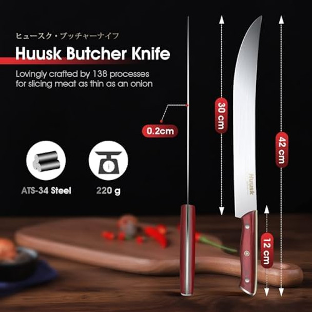 Huusk Cimitar Breaking Knife 12 inch Curved Butcher Knives for Meat Cutting Sharp Brisket Knives Carving Knives Full Tang Meats Cleaver with Rosewood Handle for Meats Big Vegetables s for Dad