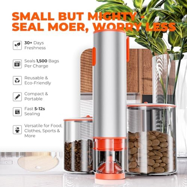 Handheld Vacuum Sealer for Food with Powerful Suction 4 Mason Jar Silicone Lids Aluminum Body One-Touch Operation 10 Sous Vide Bags Kitchen Essentials for Food Wine Sports Balls