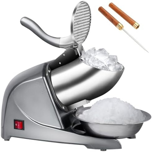 Electric Ice Shaver Snow Cone Maker Prevent Splash Stainless Steel 4 Blade Machine 200lbs/hr with Ice Pick for Home and Commercial Use（Silver）