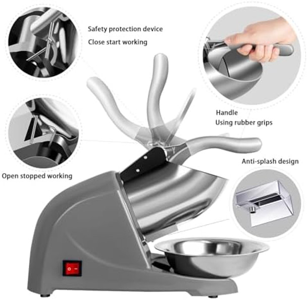 Electric Ice Shaver Snow Cone Maker Prevent Splash Stainless Steel 4 Blade Machine 200lbs/hr with Ice Pick for Home and Commercial Use（Silver）