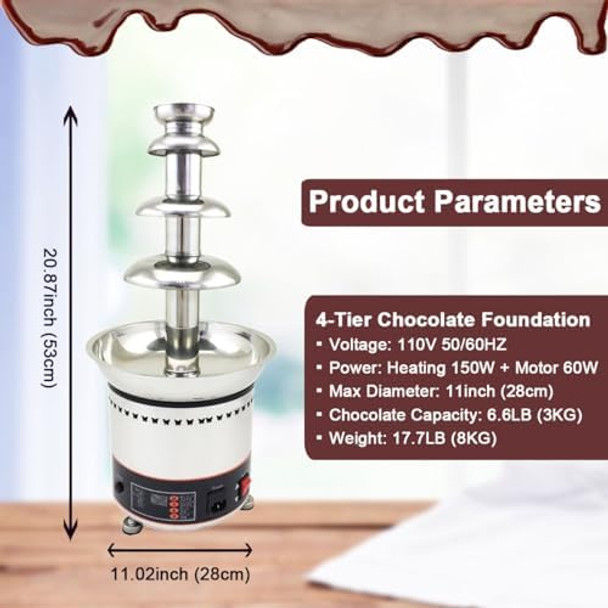 INTBUYING 110V 4 Tier Commercial Chocolate Fountain Machine for Party Wedding Company Birthday Stainless Steel Chocolate Fountain Machine with 6.6 Pounds Capacity for Chocolate Candy Butter Cheese