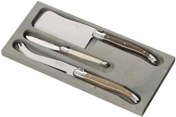 Jean Dubost Laguiole 3-Piece Cheese Knife Set Linen Handles - Rust-Resistant Stainless Steel - Includes Wooden Tray - Made in France