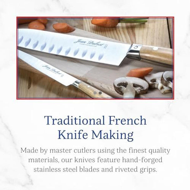 Jean Dubost Laguiole 6-Piece Steak Knife Set Black Handles - 1.2 mm Blades - Rust-Resistant Stainless Steel - Includes Wooden Block - Made in France
