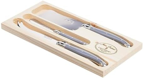 Jean Dubost Laguiole 3-Piece Cheese Knife Set Paris-Colored Handles - Rust-Resistant Stainless Steel - Includes Wooden Tray - Made in France Jean Dubost Laguiole 3-Piece Cheese Knife Set Paris-Colored Handles - Rust-Resistant Stainless Steel - Includes Wooden Tray - Made in France