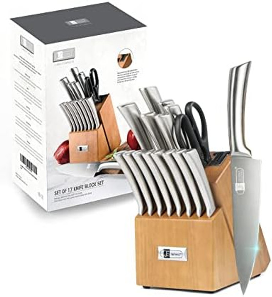 Knife Set 17 Piece Dishwasher Safe Kitchen Knife Set with Block Super Sharp Stainless Steel Knife Sets for Kitchen with Block Scissors & Built-in Sharpener