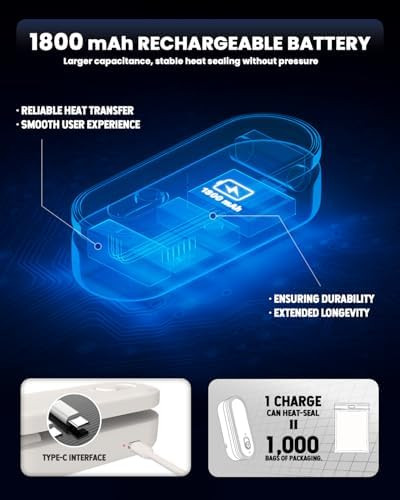 Mini Bag Sealer and Cutter 1800mAh Rechargeable Chip Bag Sealer Handheld Heat Seal 3 Heat Modes Magnetic & Hanging Design Portable Bag Sealing Machine for Heavy Duty Thick Plastic Snack Cookie Bag