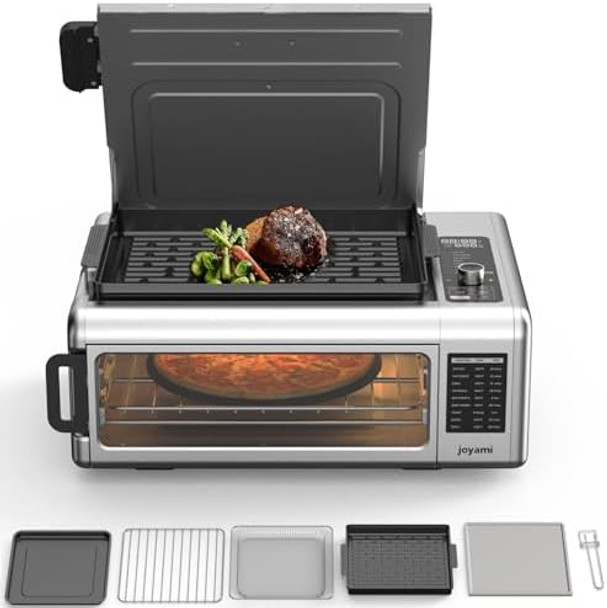 JOYAMI Air Fry Countertop Oven 18QT 1600W Convection Oven and Indoor Grill Combo with See-Through Window for Air Fry Bake Dehydrate Toast 6 Nonstick Accessories