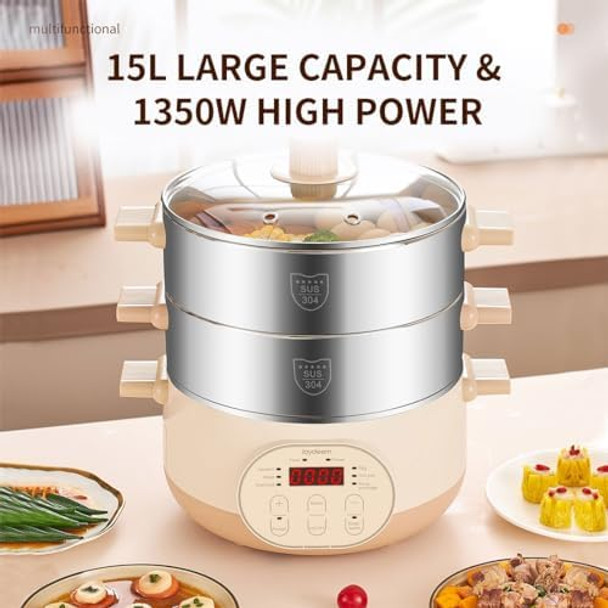 Joydeem Electric Food Steamer for Cooking 2-Tier Stainless Steel Vegetable & Food Steamers 15L Large Capacity JD-DZG15B