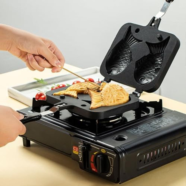 Joyzan Taiyaki Cake Pan Fish Shaped Non stick Waffle Maker Double Pancake Baking Japanese Plate Stainless Steel Bread tool Handle Home Cooking Snacks DIY Desserts Party Electric Stovetop Gas Stove