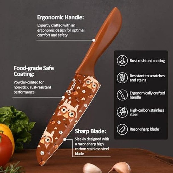 6PCS Kitchen Knife Set Stainless Steel Blade with Cute Animal Designs Nonstick Coating，Perfect Holiday s for Kitchen，Multicolored