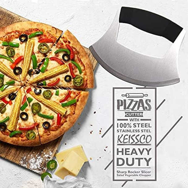 Pizza Cutter Stainless Steel Ulu knife Razor Sharp Rocker Slicer Cutter Mincing Mezzaluna Knife Salad Vegetable Chopper with d Ergonomic Anti-Slip Handle