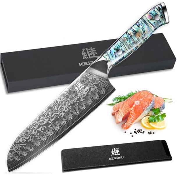 Damascus Steel Santoku Knife 7 Inch Japanese Professional 10Cr15MOV Blade with Hand Forged Hammer Pattern Ultra Sharp Kitchen Knife with Abalone Shell Ergonomic Handle