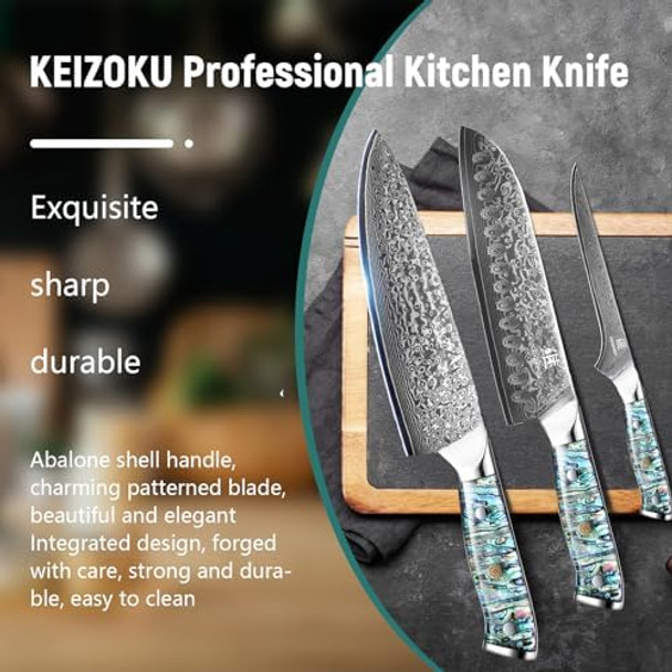Damascus Steel Santoku Knife 7 Inch Japanese Professional 10Cr15MOV Blade with Hand Forged Hammer Pattern Ultra Sharp Kitchen Knife with Abalone Shell Ergonomic Handle