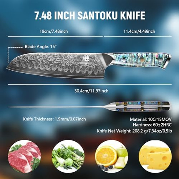 Damascus Steel Santoku Knife 7 Inch Japanese Professional 10Cr15MOV Blade with Hand Forged Hammer Pattern Ultra Sharp Kitchen Knife with Abalone Shell Ergonomic Handle
