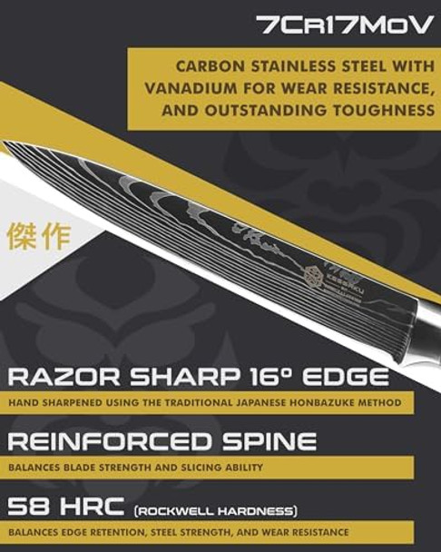 KESSAKU 8-Inch Slicing Carving Knife and 6-Inch Serving Fork Set - Samurai Series - High Carbon 7Cr17MoV Stainless Steel - Pakkawood Handle with Blade Guard