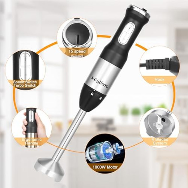 Keylitos 5 in 1 Immersion Hand Blender Mixer [d] Handheld Stick Blender with 600ML Chopper 800ML Beaker Whisk and Milk Frother for Smoothie Baby Food Sauces Red Puree Soup (Black)