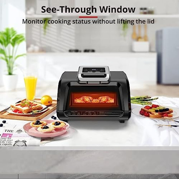 Indoor Grill Air Fryer Combo with See-Through Window 7-in-1 Smokeless Electric Air Grill up to 450°F 1750W Contact Grill with Non-Stick Removable Plates Even Heat Silicon Tongs as 4Qt