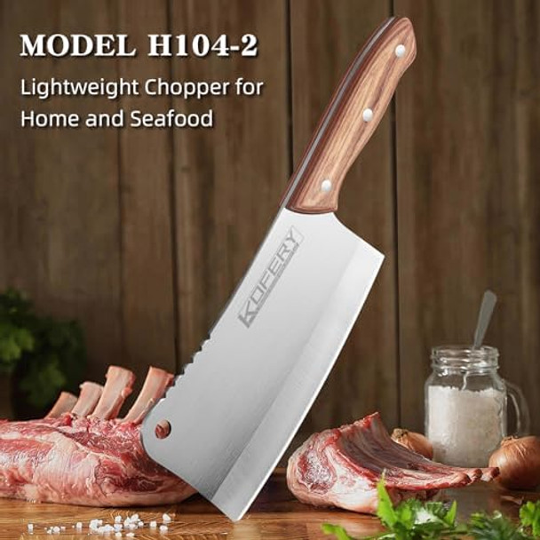KOFERY Heavy-Duty 7-Inch Meat Cleaver Knife for Bones and Meat - High Carbon Stainless Steel Butcher Knife with Wooden Handle - Lightweight Full-Tang Chinese Cleaver for Powerful Cutting