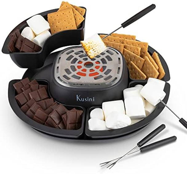 Kusini Smores Maker Tabletop Indoor - Flameless Electric Marshmallow Roaster – 4 Detachable Trays & 4 Roasting Forks – Set & Date Night Idea. Movie Night Supplies & Housewarming