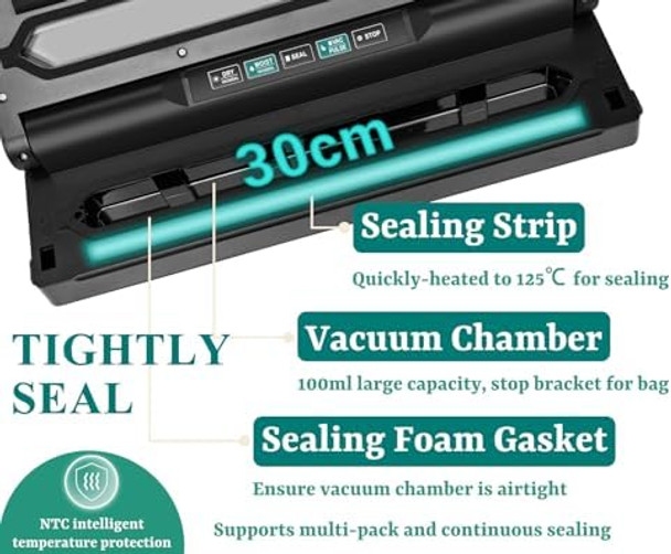Vacuum Sealer Machine 6-in-1 Compact Food Sealer Automatic Air Sealing System For Food Storage With Cutter and 11" x 9.8' Black Roll One-Click Dry & Moist Vac Seal Mode