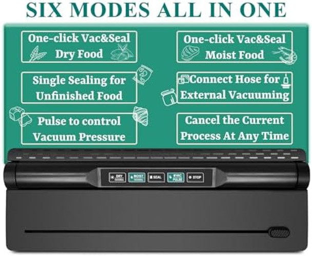 Vacuum Sealer Machine 6-in-1 Compact Food Sealer Automatic Air Sealing System For Food Storage With Cutter and 11" x 9.8' Black Roll One-Click Dry & Moist Vac Seal Mode