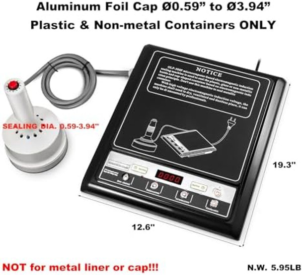 GLF-500F Induction Sealer 800-1200W Induction Sealing Machine Handheld Bottle Cap Sealer for Ø15-100mm / Ø0.59”-3.94” Foil Caps Digital Display Auto Counting Function