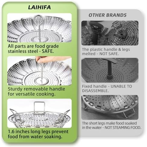 Steamer Basket Premium Stainless Steel Vegetable Steamer Basket for Veggies & Seafood Cooking Expandable Food Steaming Basket Fits for Various Size Pots & Pans (6.4" to 10") LAIHIFA