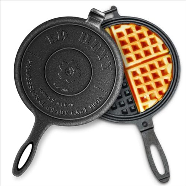 Professional 8-inch Cast Iron Waffle Maker Stove Top 8 lbs Thickened Body Quick Heating Non-Coated Surface Rustic Round Cast Iron Waffle Iron