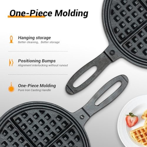 Professional 8-inch Cast Iron Waffle Maker Stove Top 8 lbs Thickened Body Quick Heating Non-Coated Surface Rustic Round Cast Iron Waffle Iron