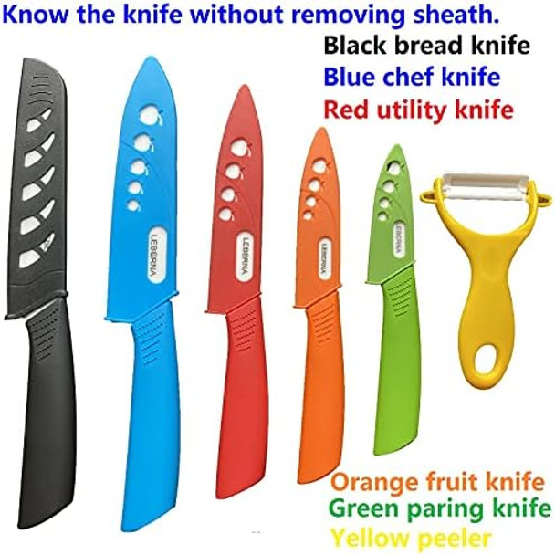Ceramic Knife Set Knives Set for Kitchen Ceramic Kitchen Knives Colored w Sheath 6" Bread Knife 6" Chef Knife 5" Utility Knife 4" Fruit Knife 3" Paring Knife 1 Peeler Colorful Rust Proof