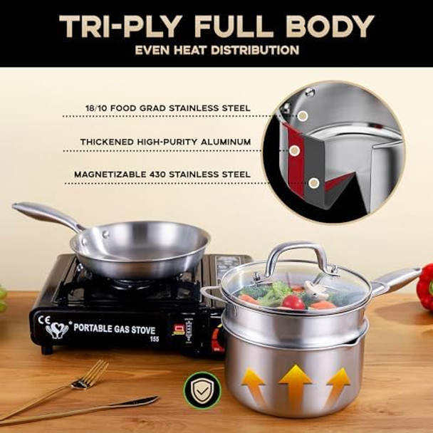 Leetaltree 3-Ply Stainless Steel Saucepan Set - 1.5 Quart Saucepan with Steamer Basket & 7" Shallow Saucepan Multipurpose Cookware with Dual-Size Drainage Holes Lid Induction & Oven Safe