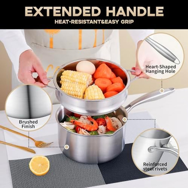 Leetaltree 3-Ply Stainless Steel Saucepan Set - 1.5 Quart Saucepan with Steamer Basket & 7" Shallow Saucepan Multipurpose Cookware with Dual-Size Drainage Holes Lid Induction & Oven Safe Leetaltree 3-Ply Stainless Steel Saucepan Set - 1.5 Quart Saucepan with Steamer Basket & 7" Shallow Saucepan Multipurpose Cookware with Dual-Size Drainage Holes Lid Induction & Oven Safe