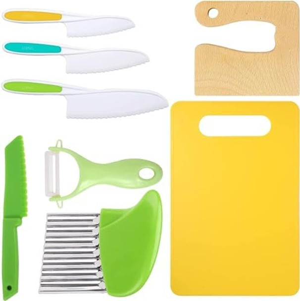 Leking 8 Pcs Wooden Kitchen Knife Set for Kids - Includes Safe Knives Serrated Plastic Knives Potato Slicers Sandwich Cutter Peeler and Cutting Board Leking 8 Pcs Wooden Kitchen Knife Set for Kids - Includes Safe Knives Serrated Plastic Knives Potato Slicers Sandwich Cutter Peeler and Cutting Board