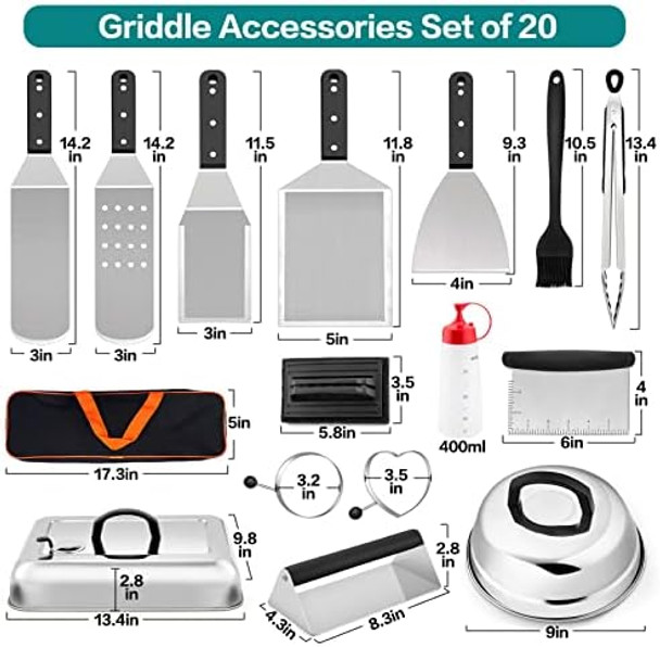 20 Pack Griddle Accessories Kit Leonyo Grill Accessories for Outdoor Professional Stainless Steel Spatula Metal Scraper with Melting Dome Grilling Tool for Flat Top Grill Teppanyaki Chef Camping