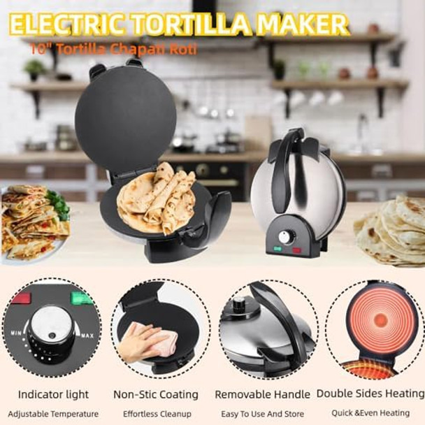 Electric Tortilla Maker Maquina Para Hacer Tortillas Electric Tortilla Press Non-Stick Cooking Plates-Friendly 10" Tortilla Chapati Roti