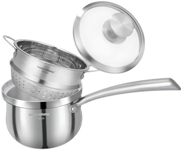 2.3 Quart Stainless Steel Saucepan with Steamer Basket，Tri-ply Construction，Multi-functional Sauce Pan Set with Lid，Small Sauce Pots Cooking for Pasta，Gravies，Noodles，Vegetable