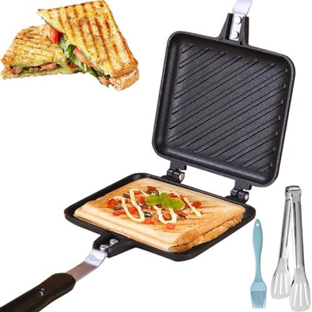 Grilled Sandwich Frying Pan Stovetop Toasted Panini Maker with Handle Flip Grill Pan Double Sided Nonstick Aluminum Flip Maker for Home Cooks Toasties Kitchen Breakfast Camping Black