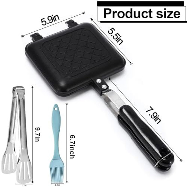 Grilled Sandwich Frying Pan Stovetop Toasted Panini Maker with Handle Flip Grill Pan Double Sided Nonstick Aluminum Flip Maker for Home Cooks Toasties Kitchen Breakfast Camping Black