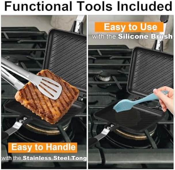 Grilled Sandwich Frying Pan Stovetop Toasted Panini Maker with Handle Flip Grill Pan Double Sided Nonstick Aluminum Flip Maker for Home Cooks Toasties Kitchen Breakfast Camping Black