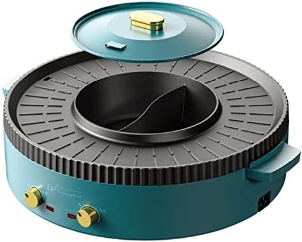 2 in 1 Electric Grill and Hot Pot Combo Dual Temperature Indoor Non-Stick Griddle for Korean BBQ Shabu Shabu and Noodles