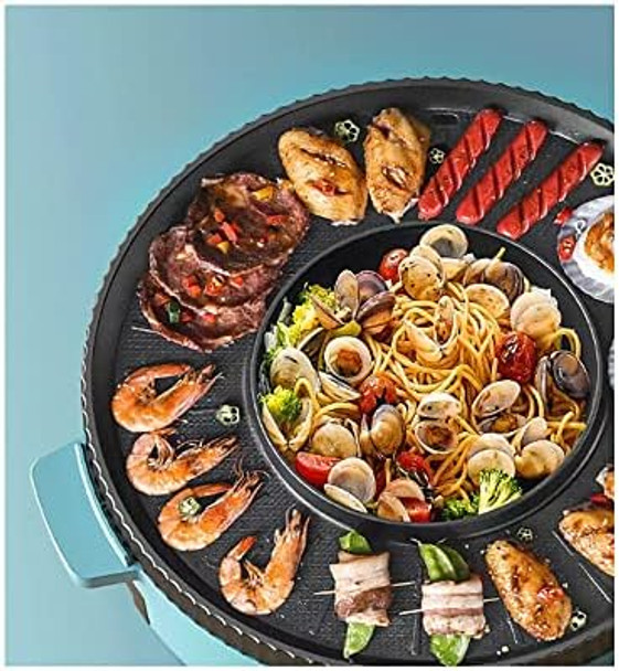 2 in 1 Electric Grill and Hot Pot Combo Dual Temperature Indoor Non-Stick Griddle for Korean BBQ Shabu Shabu and Noodles