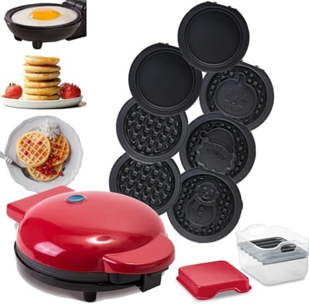 Mini Waffle Maker with Removable Interchangeable Plates. Best for Waffle and Pancake with Storage Case for Seven Removable Plates
