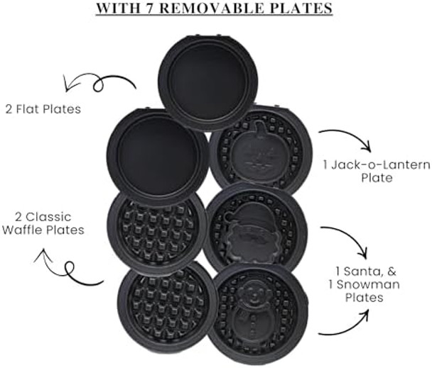 Mini Waffle Maker with Removable Interchangeable Plates. Best for Waffle and Pancake with Storage Case for Seven Removable Plates