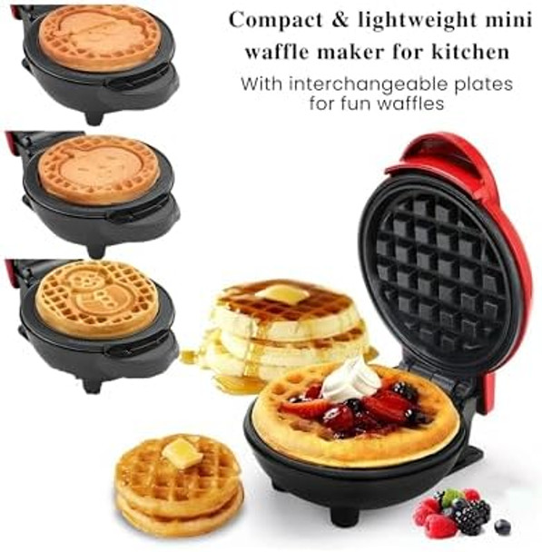 Mini Waffle Maker with Removable Interchangeable Plates. Best for Waffle and Pancake with Storage Case for Seven Removable Plates