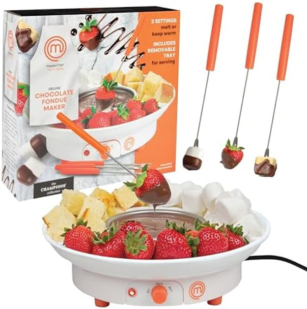 MasterChef Chocolate Fondue Maker- Deluxe Electric Dessert Fountain Fondue Pot Set w 4 Forks & Party Serving Tray -Melting Warming Caramel Cheese Sauce Romantic Date Fun Birthday