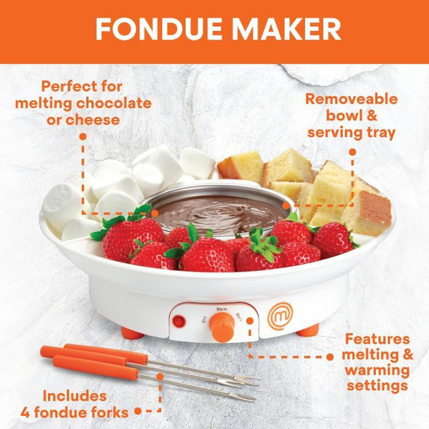 MasterChef Chocolate Fondue Maker- Deluxe Electric Dessert Fountain Fondue Pot Set w 4 Forks & Party Serving Tray -Melting Warming Caramel Cheese Sauce Romantic Date Fun Birthday